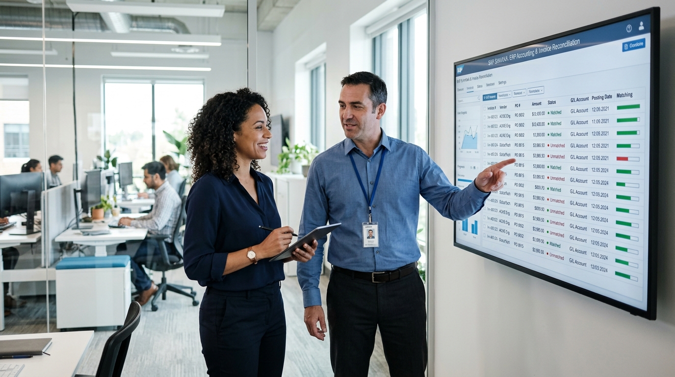 ERP lead and financial controller reviewing Business Central purchase invoices