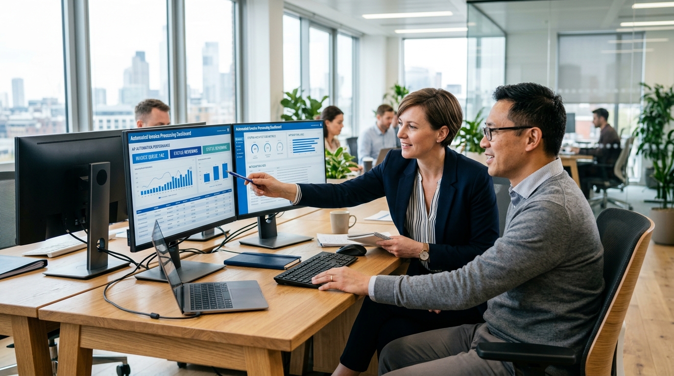 Finance controller and systems architect reviewing automated invoice workflow rules