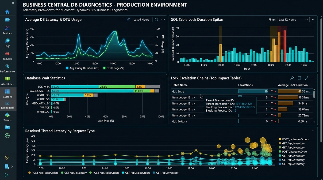 Azure Application Insights telemetry dashboard displaying SQL table lock spikes and query wait trees