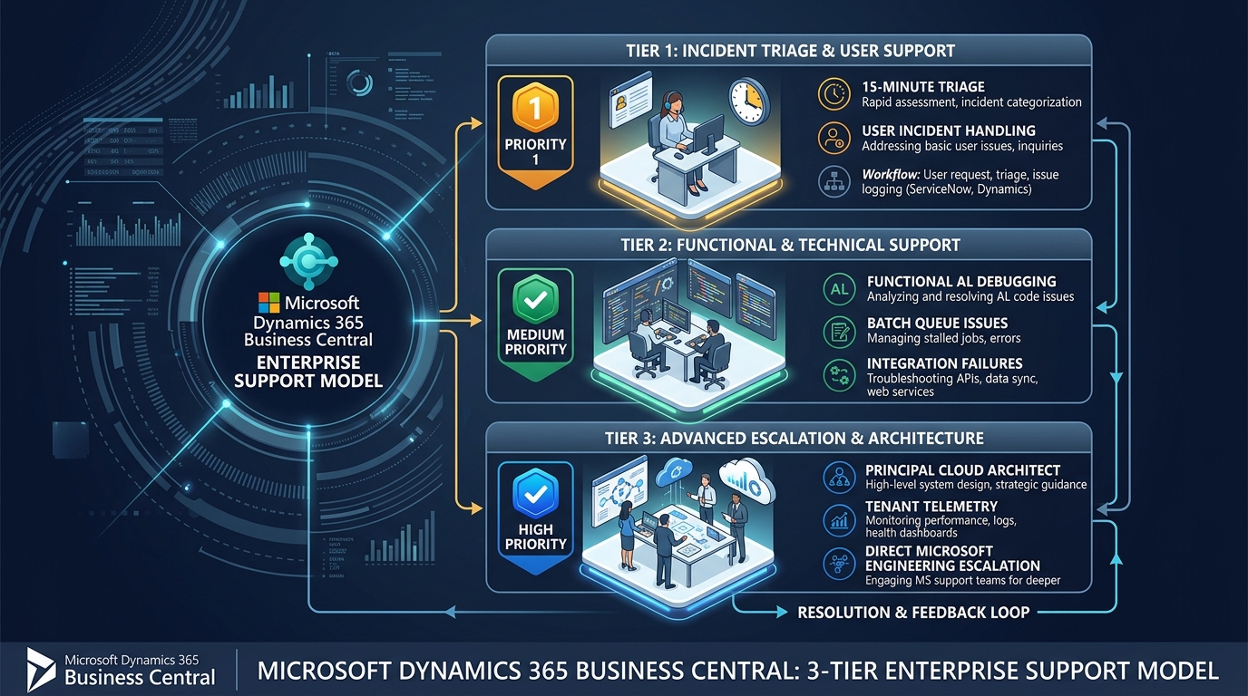 Dynamics 365 Business Central 3-Tier Enterprise Support Model Diagram