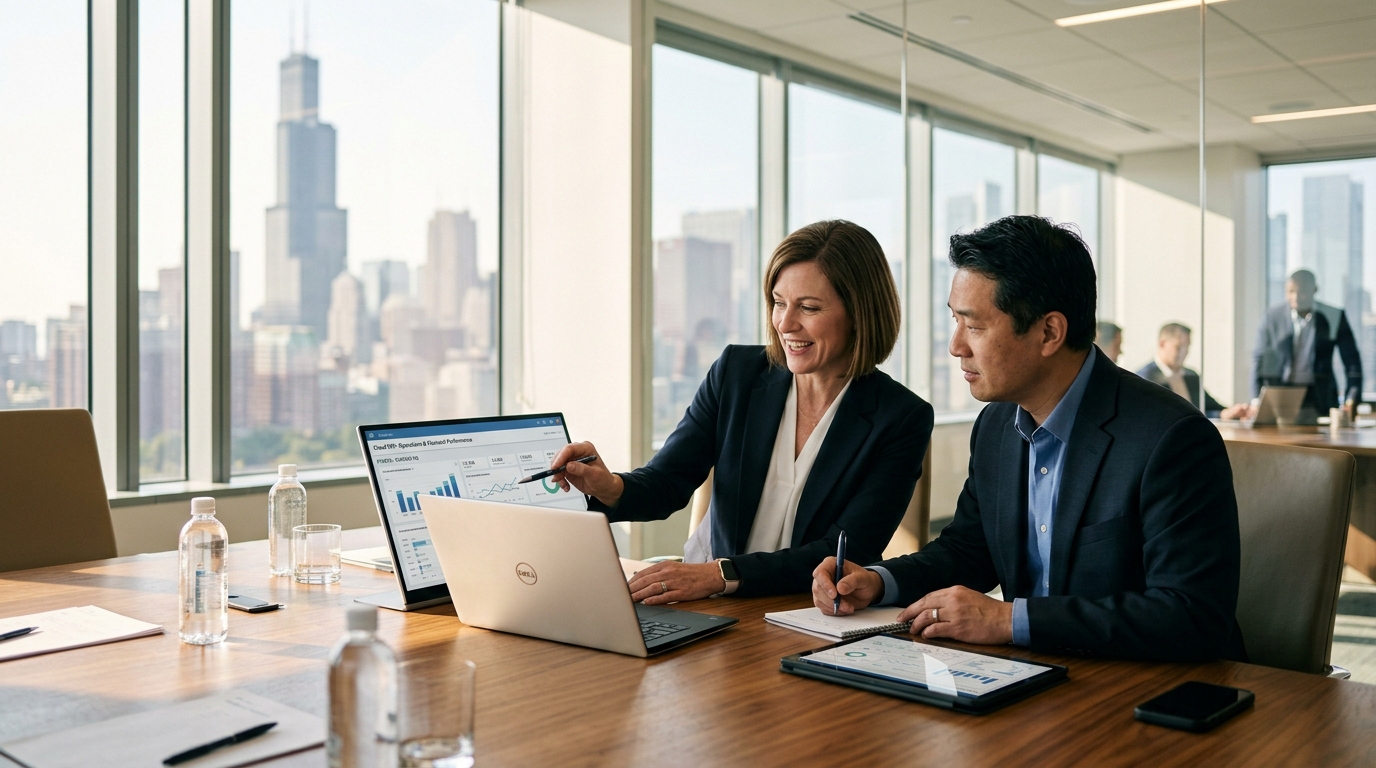 Executive CFO and enterprise IT director reviewing Business Central cloud ERP dashboards