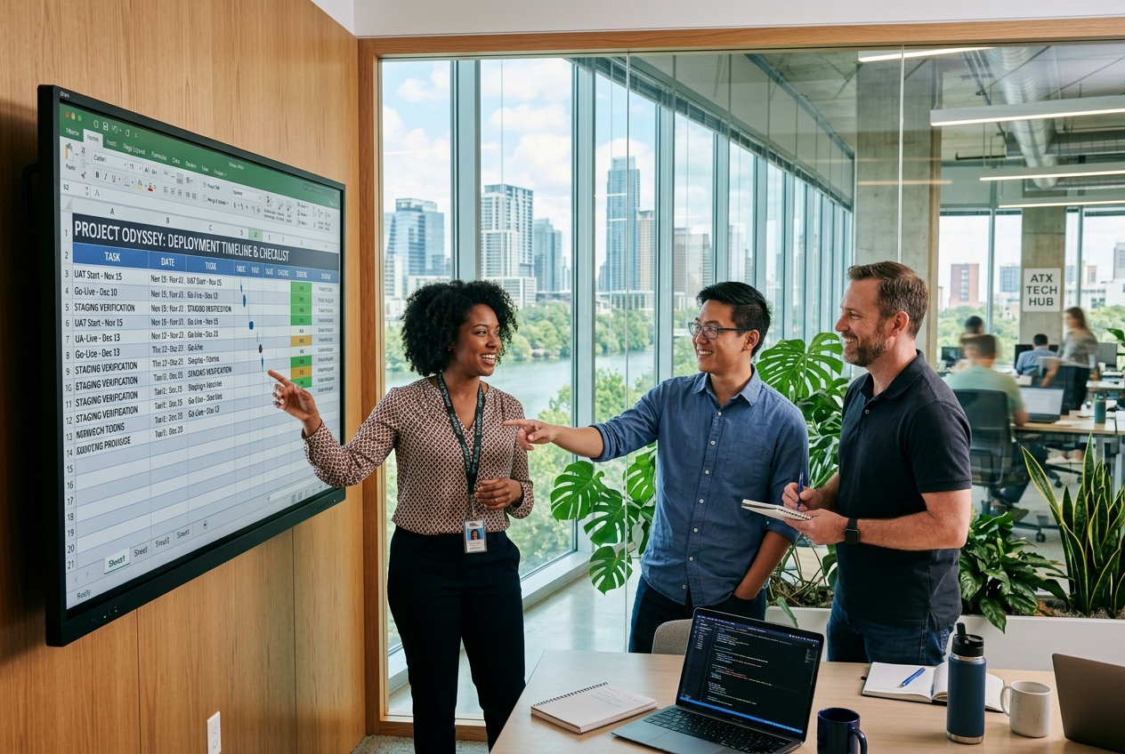Enterprise IT operations team reviewing sandbox deployment checklists and milestone timelines