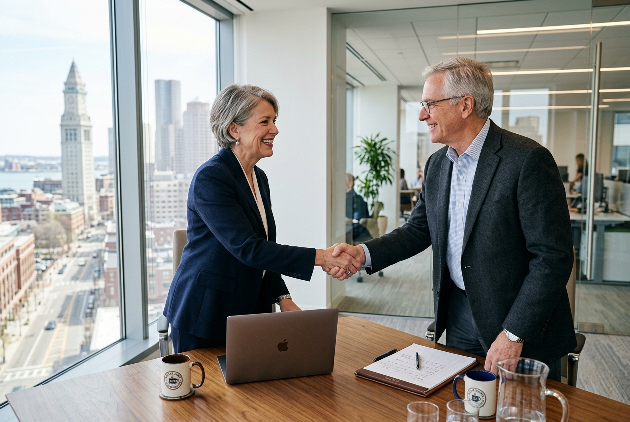 Corporate executive and senior ERP advisor shaking hands across conference table