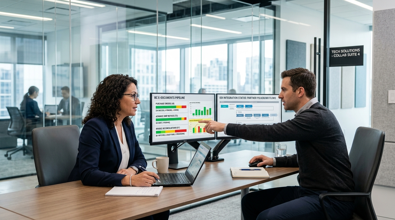 Supply chain operations manager and ERP integration specialist reviewing automated Business Central E-Documents pipeline telemetry