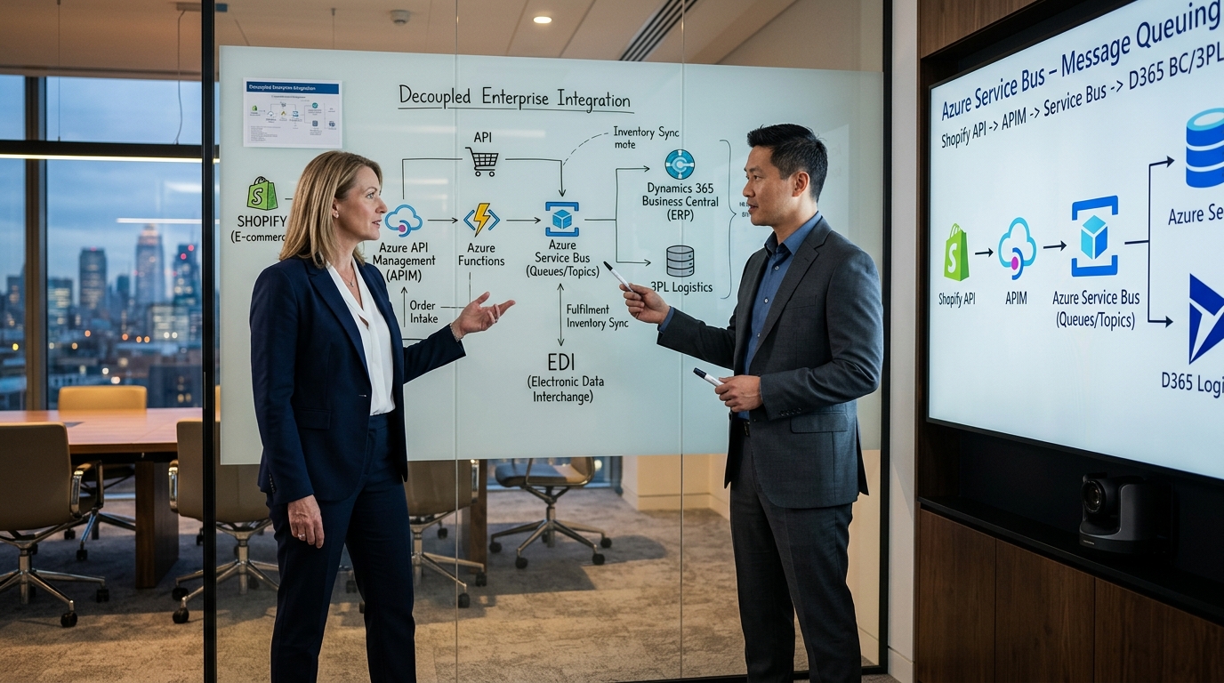Enterprise IT Director and Lead Integration Architect whiteboarding a decoupled cloud integration architecture with Azure Service Bus and Business Central