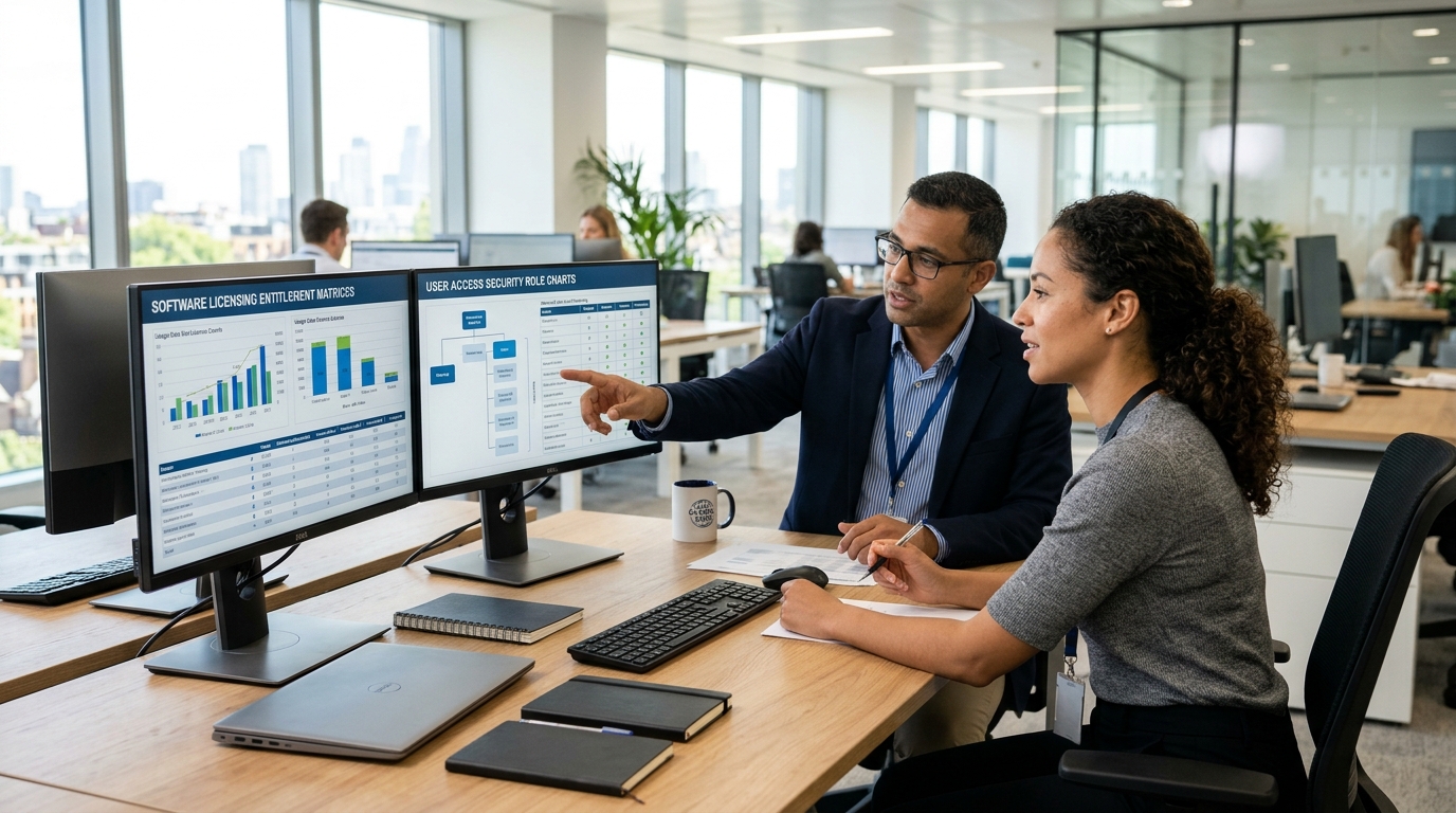 Enterprise ERP licensing compliance specialist and IT systems administrator analyzing software entitlement matrices