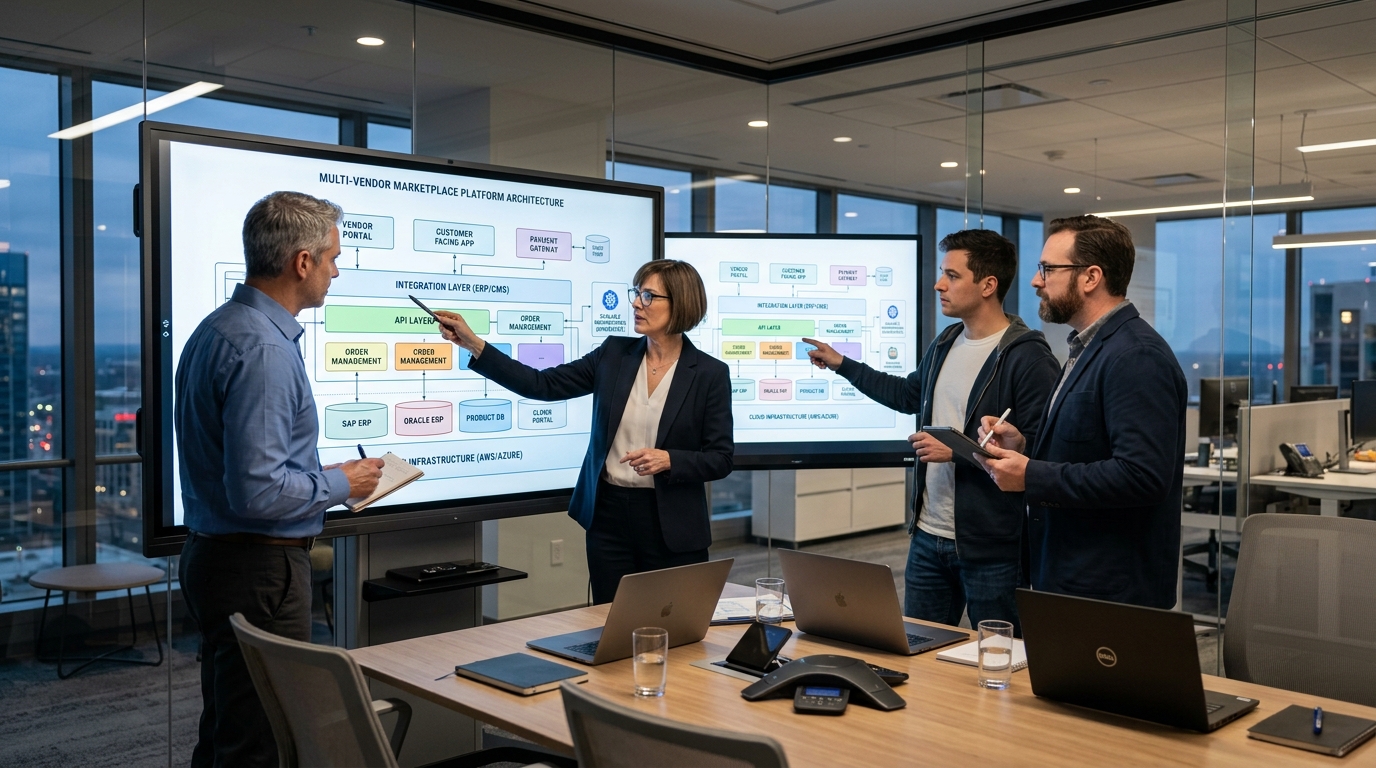 Senior enterprise software architects and lead cloud engineers collaborating around digital multi-vendor marketplace and ERP architecture blueprint