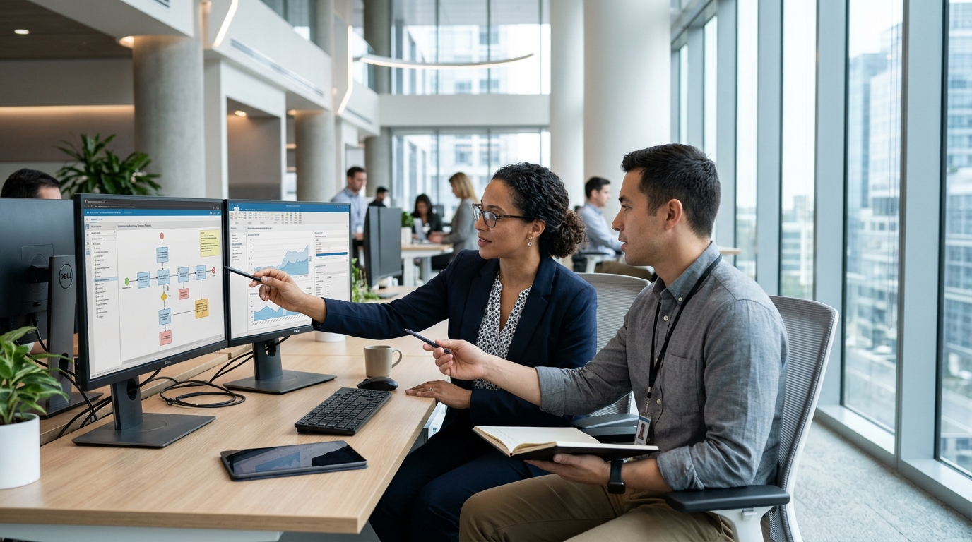 Enterprise ERP solutions engineer and technical operations manager collaborating on autonomous process flows
