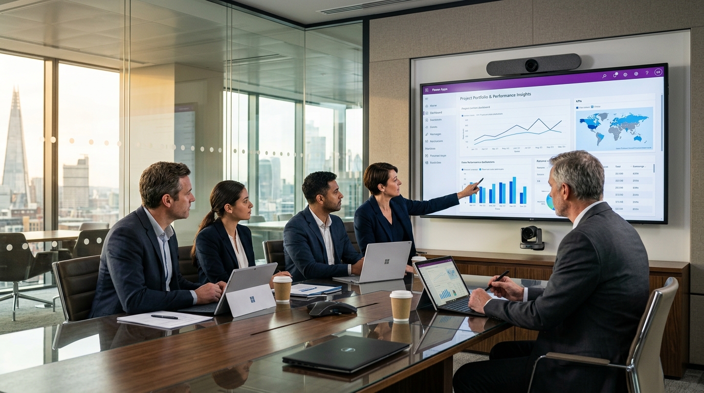 Enterprise Power Apps Consulting Team Reviewing Dynamics 365 Architecture in Corporate Boardroom