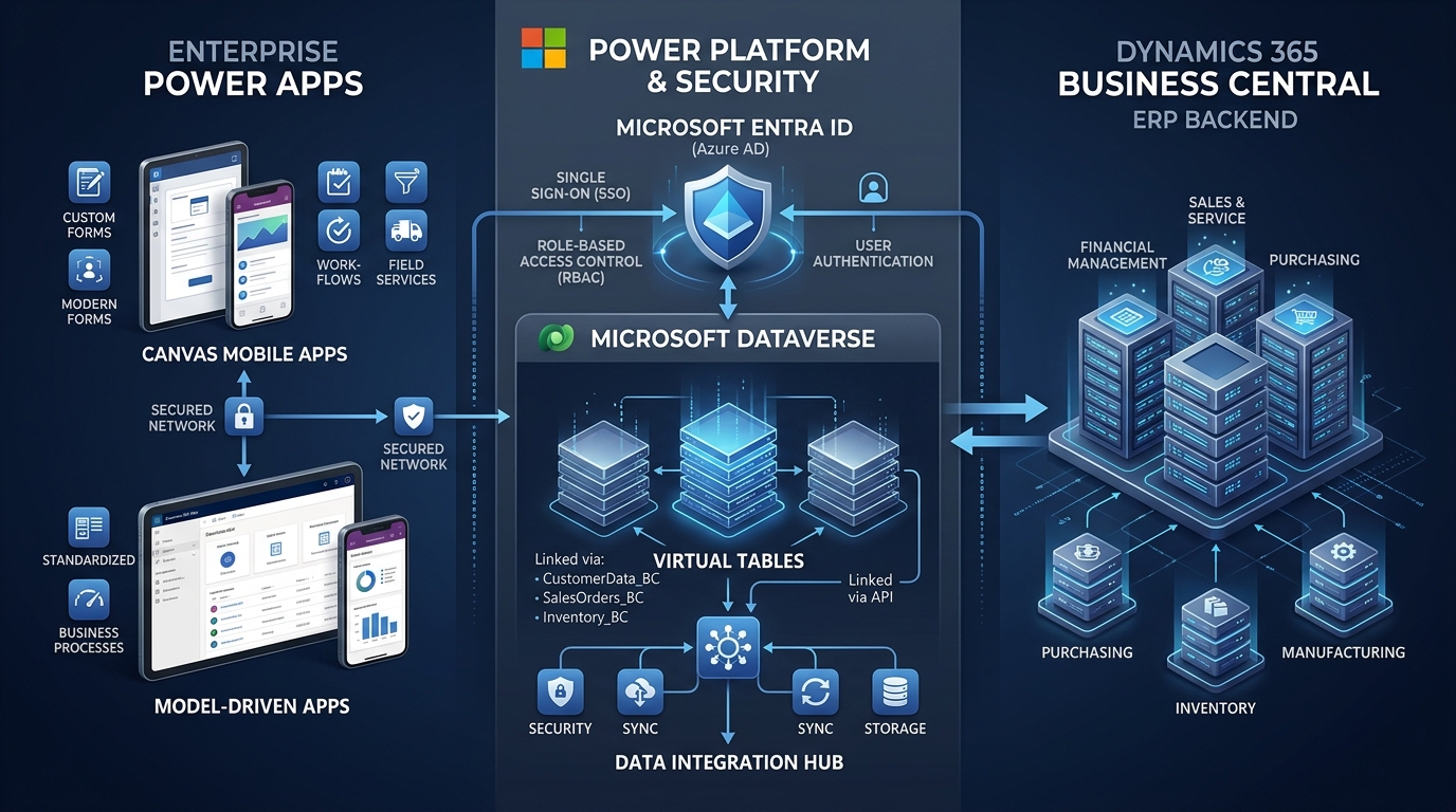 Enterprise Power Apps Architecture Connected to Dynamics 365 Business Central via Microsoft Dataverse Virtual Tables
