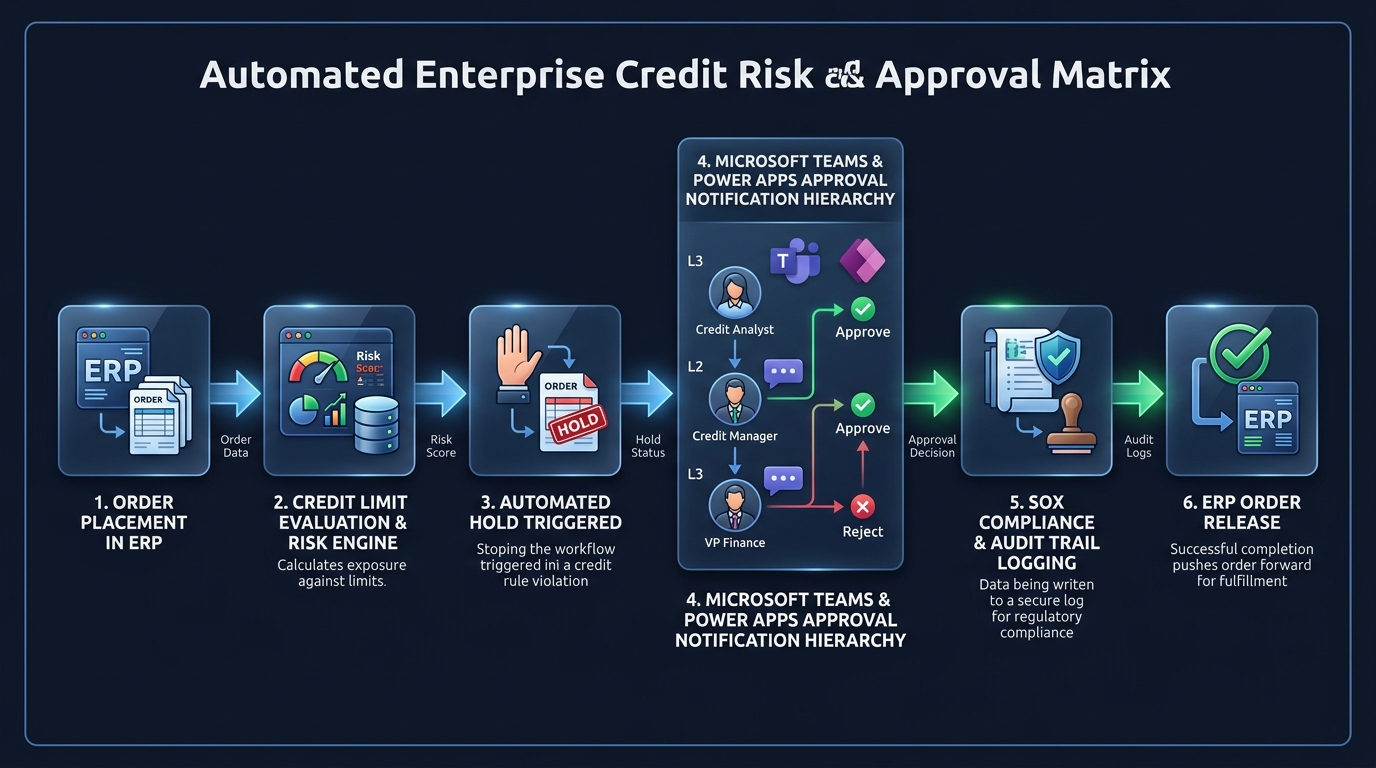 Architectural diagram of automated credit risk evaluation and multi-tier Teams Power Apps approval hierarchy