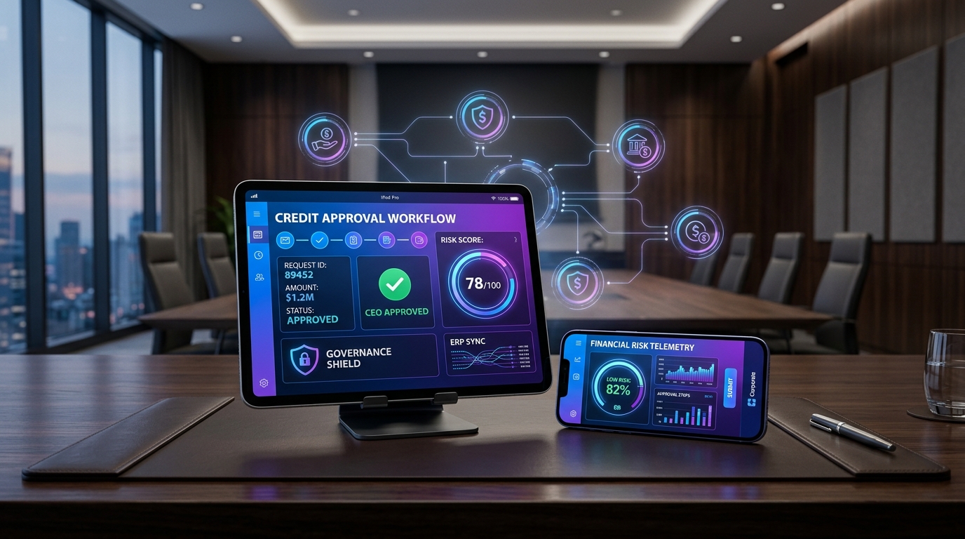 Modern enterprise Power Apps workflow and mobile approval dashboard connected to ERP financial backend