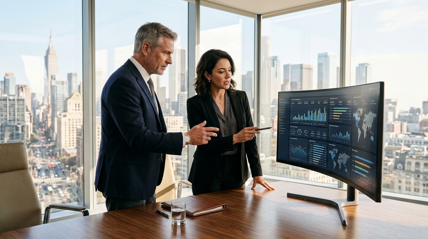 Enterprise VP of Data and Lead ERP Architect reviewing Power BI Direct Lake dashboards for Dynamics 365 Business Central