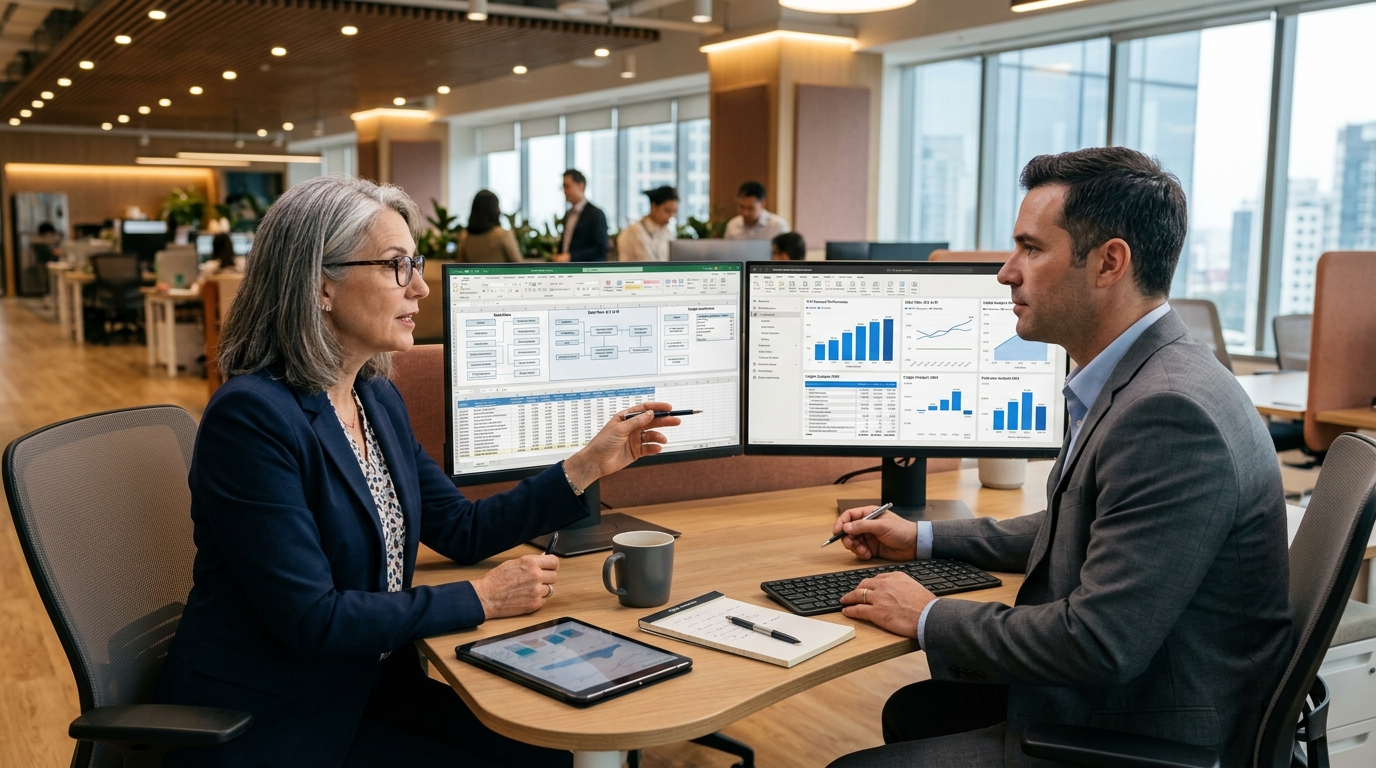 Enterprise financial data team analyzing multidimensional Power BI semantic models and ledger performance