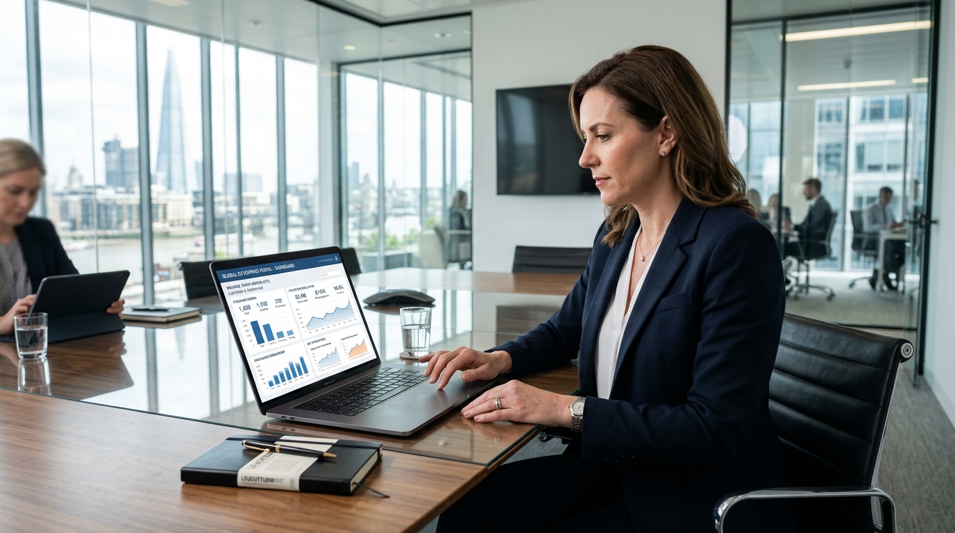 Executive reviewing B2B customer and vendor portal dashboard on laptop