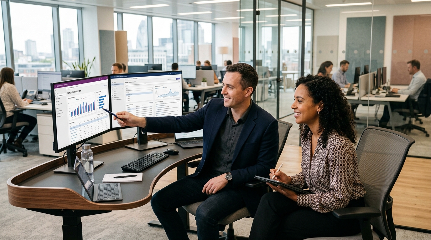 Enterprise Power Apps developer and ERP systems engineer reviewing AI-grounded application architecture