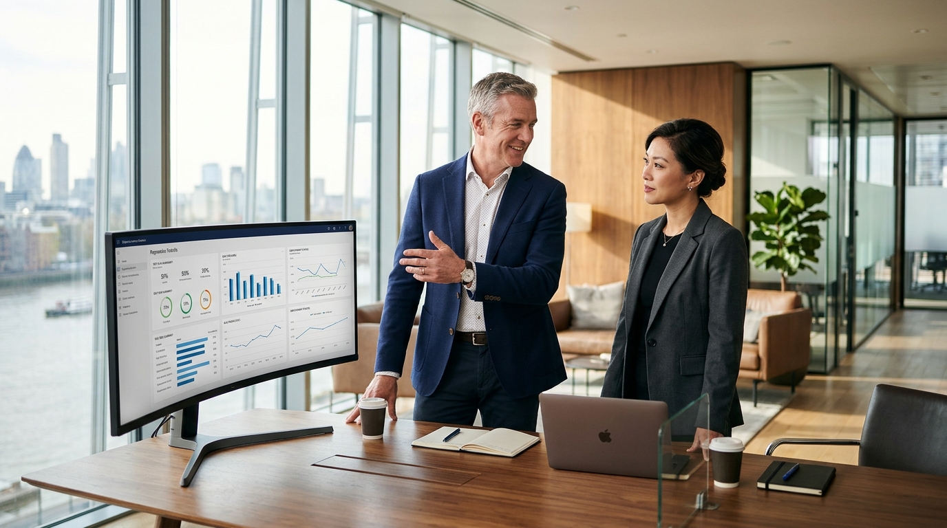 Senior enterprise IT QA Director and lead Dynamics 365 solutions architect reviewing automated regression testing metrics