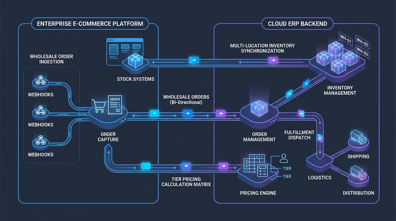 Technical diagram of Shopify Plus and Dynamics 365 Business Central B2B integration architecture