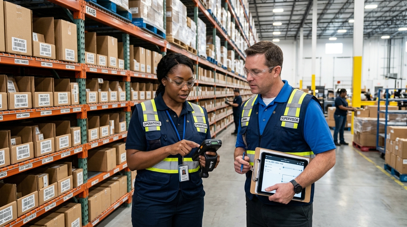 Warehouse technicians using mobile barcode scanner for optimized aisle routing