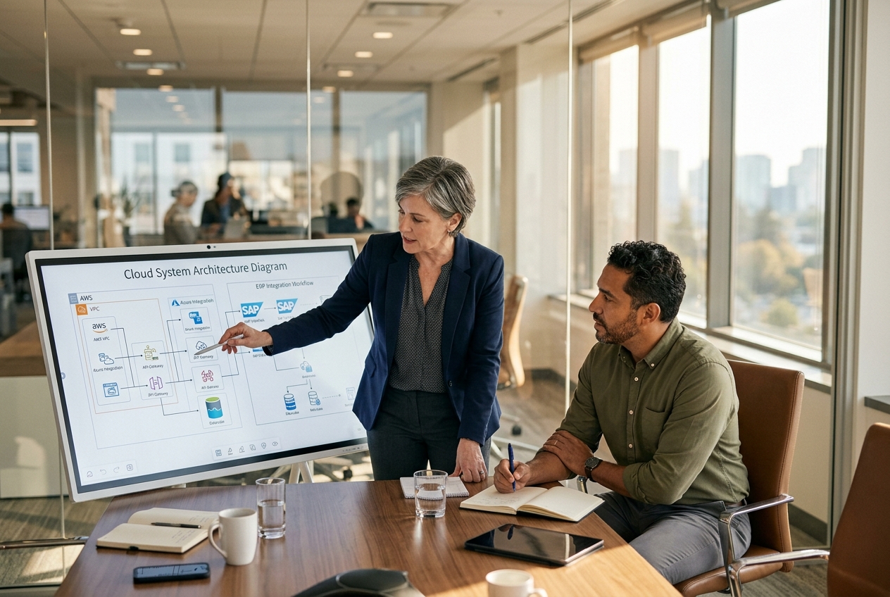 Enterprise IT consulting and technology advisory team collaborating on cloud architecture