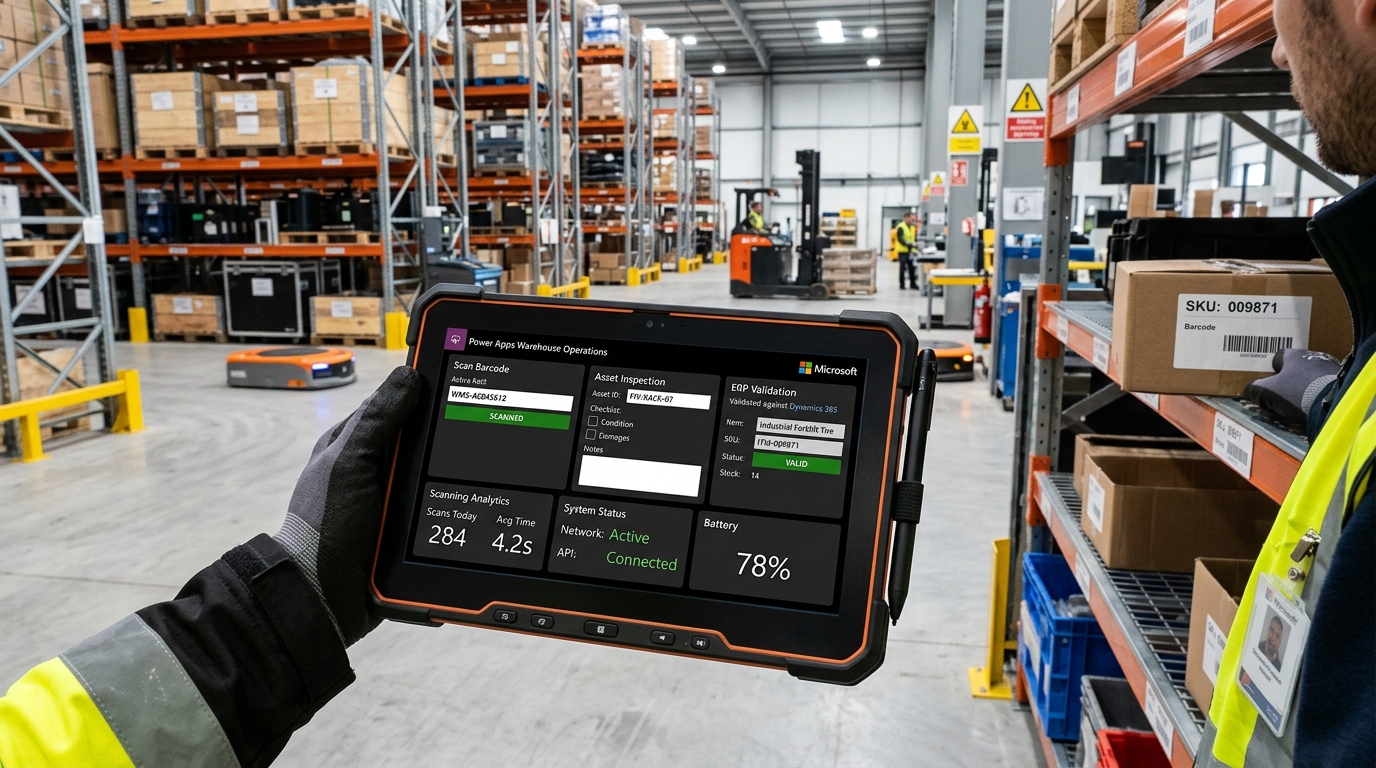 Warehouse worker using custom Power Apps Canvas application on rugged tablet with barcode scanning and ERP sync