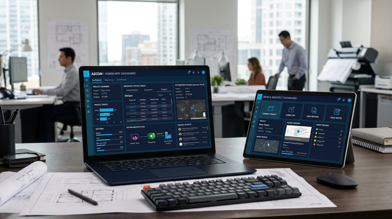 Custom Microsoft Power Apps Development Dashboard and Architecture on Laptop and Tablet