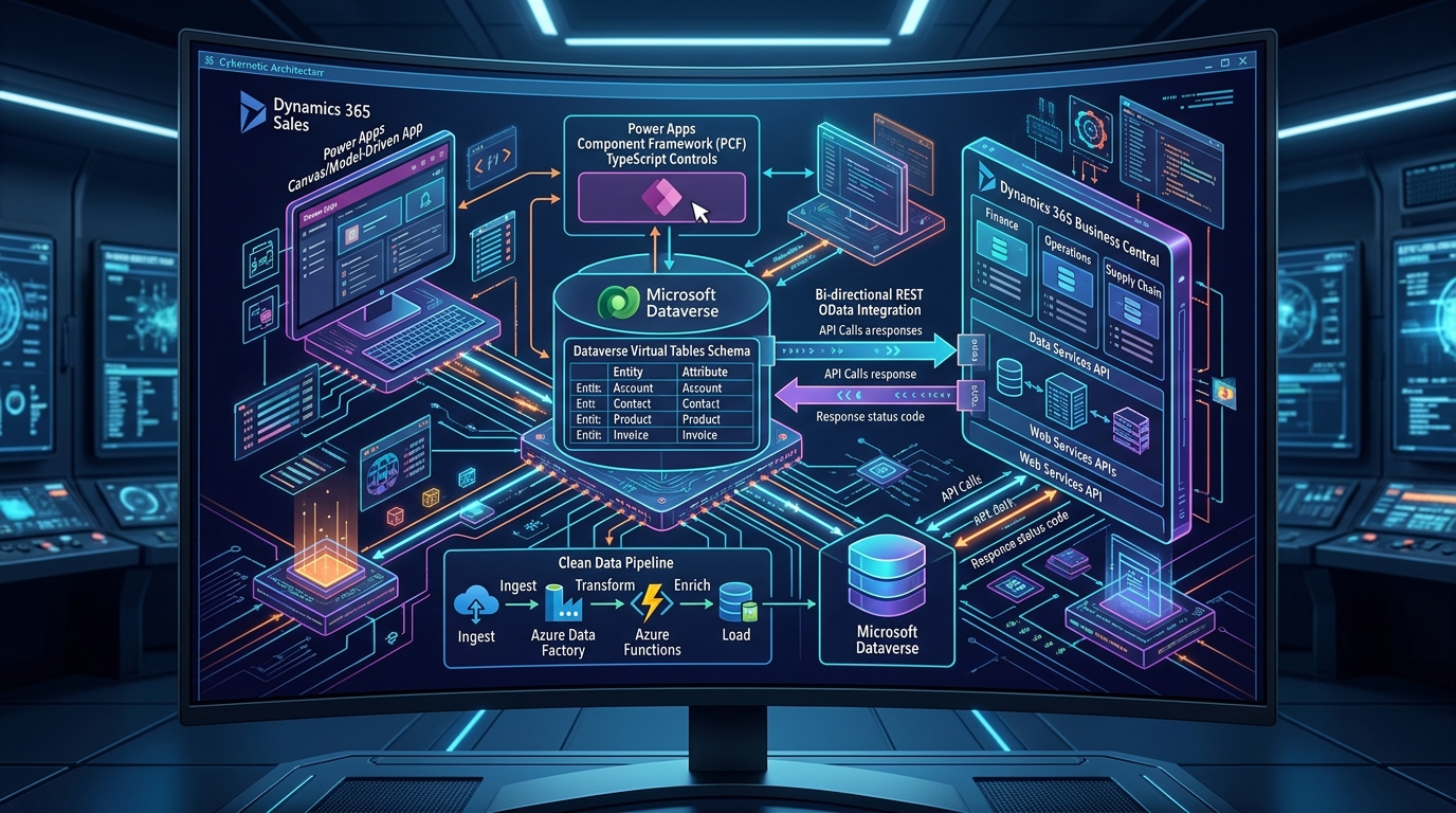 Enterprise architecture diagram showing TypeScript PCF controls, Dataverse Virtual Tables, and Business Central integration