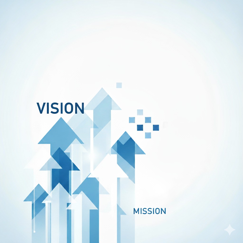 Abstract blue arrows pointing upward with the words Vision and Mission.