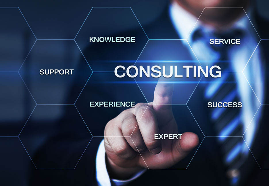 Business professional pointing at the word ‘Consulting’ on a digital interface with terms like knowledge, service, support, experience, and success.