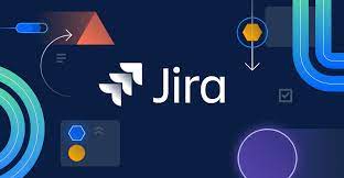 Jira logo on a dark background with abstract geometric shapes representing workflow and project management.