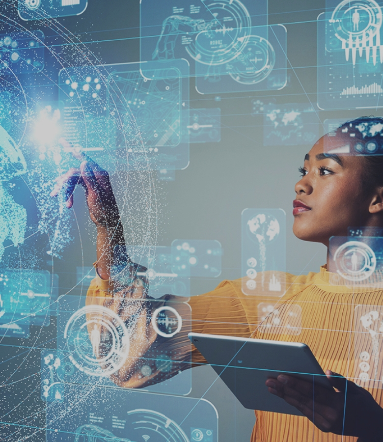 Woman using futuristic digital interface with holographic technology icons.