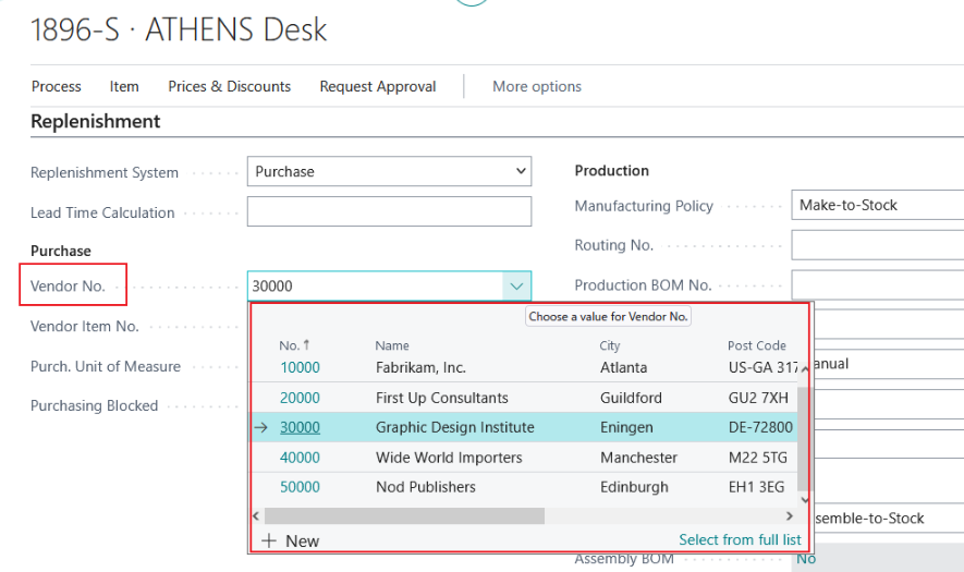 Business Central lookup showing Vendor No. records