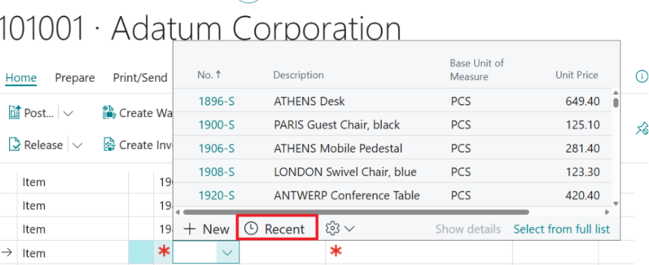Business Central 29 Recent option in an item lookup