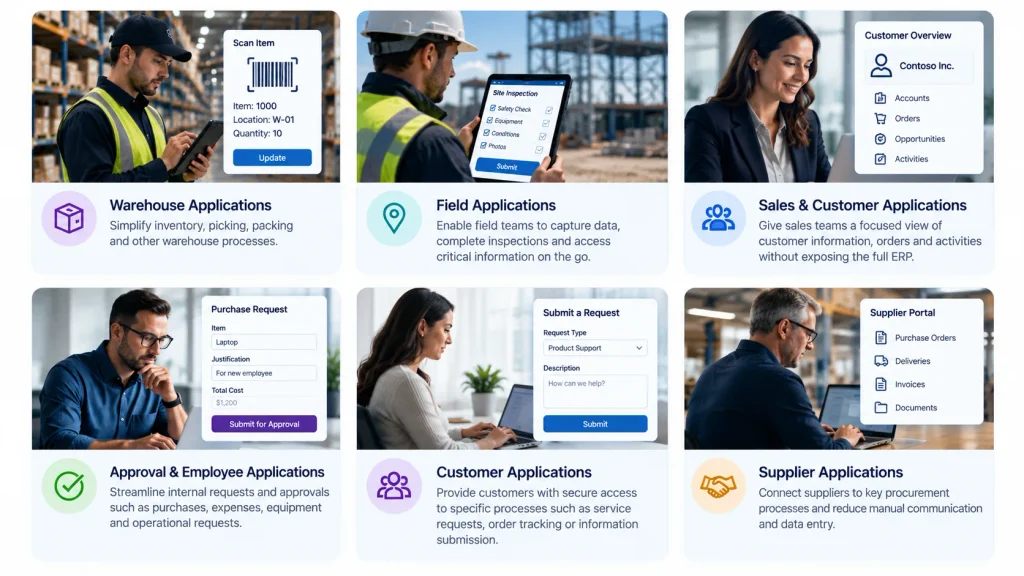 Business applications built with Power Apps for warehouse, field, sales, employee, customer, and supplier operations